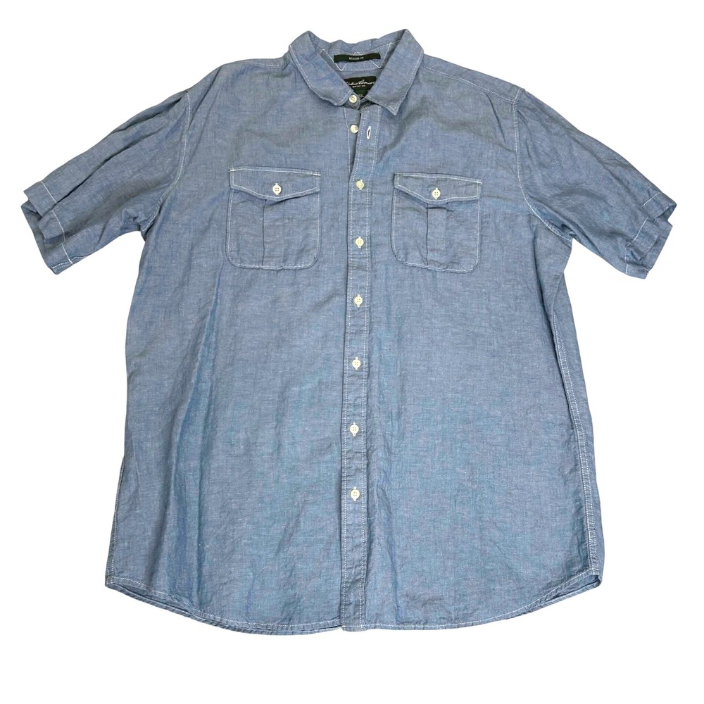 Eddie Bauer Mens Relaxed Fit Linen Cotton Short Sleeve Button Down Shirt Blue TL